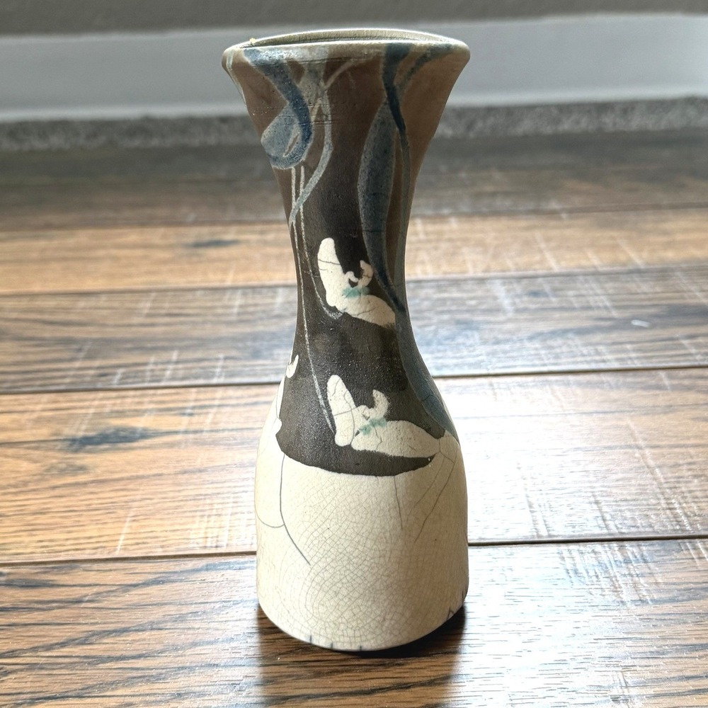 Vintage Japanese Studio Pottery Bud Vase Black/White Butterfly Crackle Glaze 8"